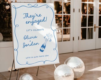 Champagne Engagement Party Welcome Sign | Blue Handwritten Calligraphy Theme | Printed & Shipped