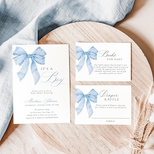 Blue Bow Baby Shower Invitation Template, Pastel Blue Baby Shower Invite, Boy Baby Shower, Blue Coquette Bow, Baby Shower Bundle, B6
