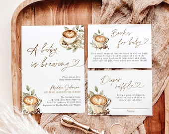 May include: Baby shower invitation set with a coffee theme. The invitation features a latte art design and the words "A baby is brewing." Includes cards for books for baby and a diaper raffle. A gold wax stamp and a gold stamp tool are also present.