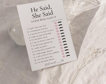 PRINTED + SHIPPED | He Said She Said Bridal Shower Game Modern Minimalist Guess Who Said It Black and White Bride to Be Card
