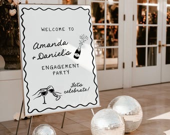 Printed + Shipped Handwritten Engagement Party Welcome Sign, Champagne Tower Welcome, Funky Whimsical Engagement, Illustration Party Sign H1