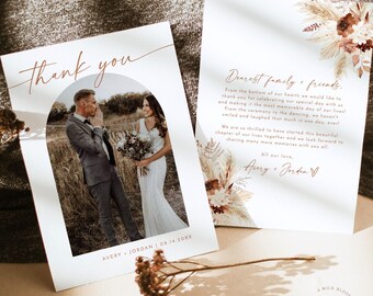 PRINTED + SHIPPED | Personalized Photo Thank You Card | Boho Wedding Pampas Grass A4