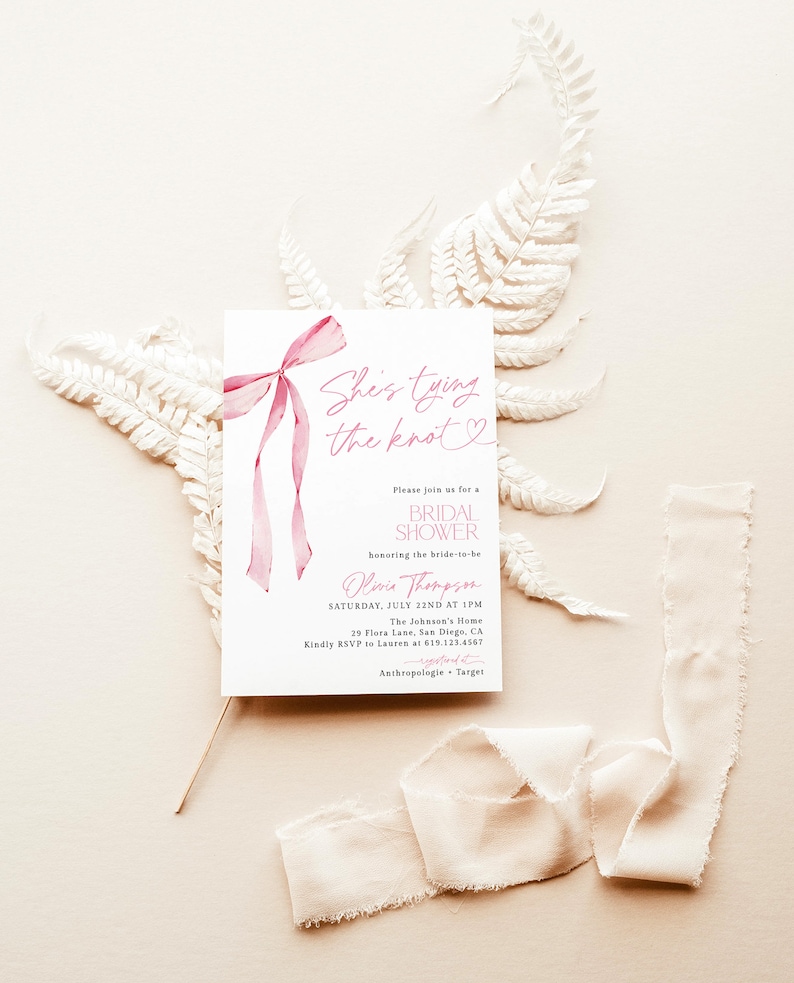 Bow Bridal Shower Invite Pink Bow Bridal Shower Bridal Shower Bundle Recipe Card Pink Ribbon, Minimalist Bridal Shower Invite B4 zdjęcie 4