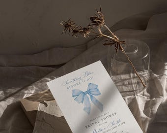 PRINTED + SHIPPED | Something Blue Bridal Shower Invitation Blue Watercolor Bow Dusty Blue Before I Do Wedding Shower Card