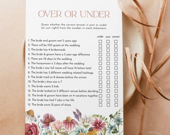 PRINTED + SHIPPED | Wildflower Bridal Shower Game Over or Under | Boho Shower Activity W1