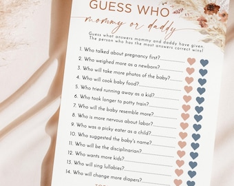 PRINTED + SHIPPED | Baby Shower Guess Who Game | Boho Pampas Mommy or Daddy A4