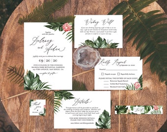 Tropical Wedding Invitation Suite Template | Watercolor Tropical Greenery | Editable Destination Wedding Invite | Instant Download