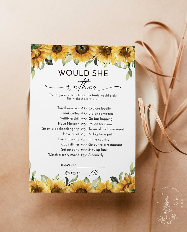 Would She Rather Bridal Shower Game Sunflower Bridal Shower Etsy