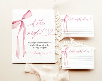 Date Night Ideas Card | Date Night Ideas Sign | Pink Bow Bridal Shower | She's Tying the Knot Bridal Shower | Date Night Card Template | B4
