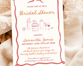 Bridal Shower Invitation, Hand Drawn Invite, Bow, Colorful, Wavy Border, Instant Download, Editable Template, H1