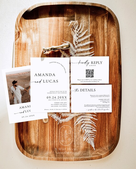 Boho Wedding Invitation Suite Template, Bohemian Photo Invite Set, Minimalist Stationery, Instant Download, Editable RSVP Details Card, M9