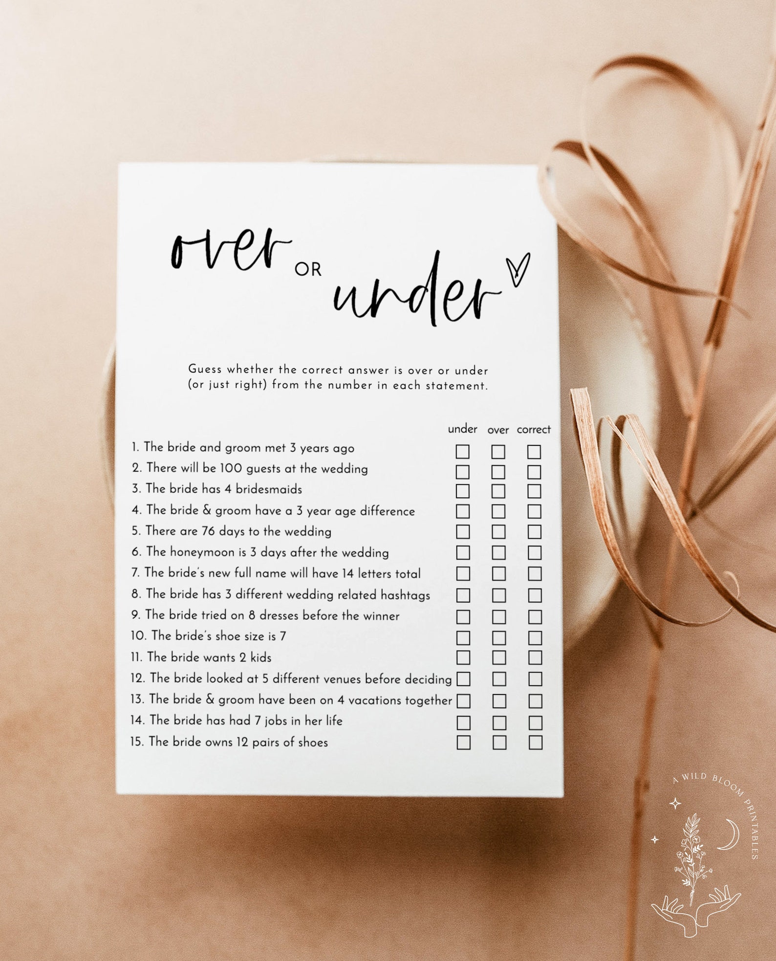 Over or Under Bridal Shower Game Minimalist Bridal Shower Etsy