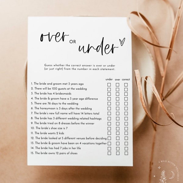 Over or Under Bridal Shower Game | Minimalist Bridal Shower | Modern Bridal Shower Game | Over or Under Trivia Game | Editable Template | M2