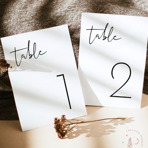 May include: Two white cards with black text. The top of each card says "table". The first card has the number "1" on it and the second card has the number "2" on it.