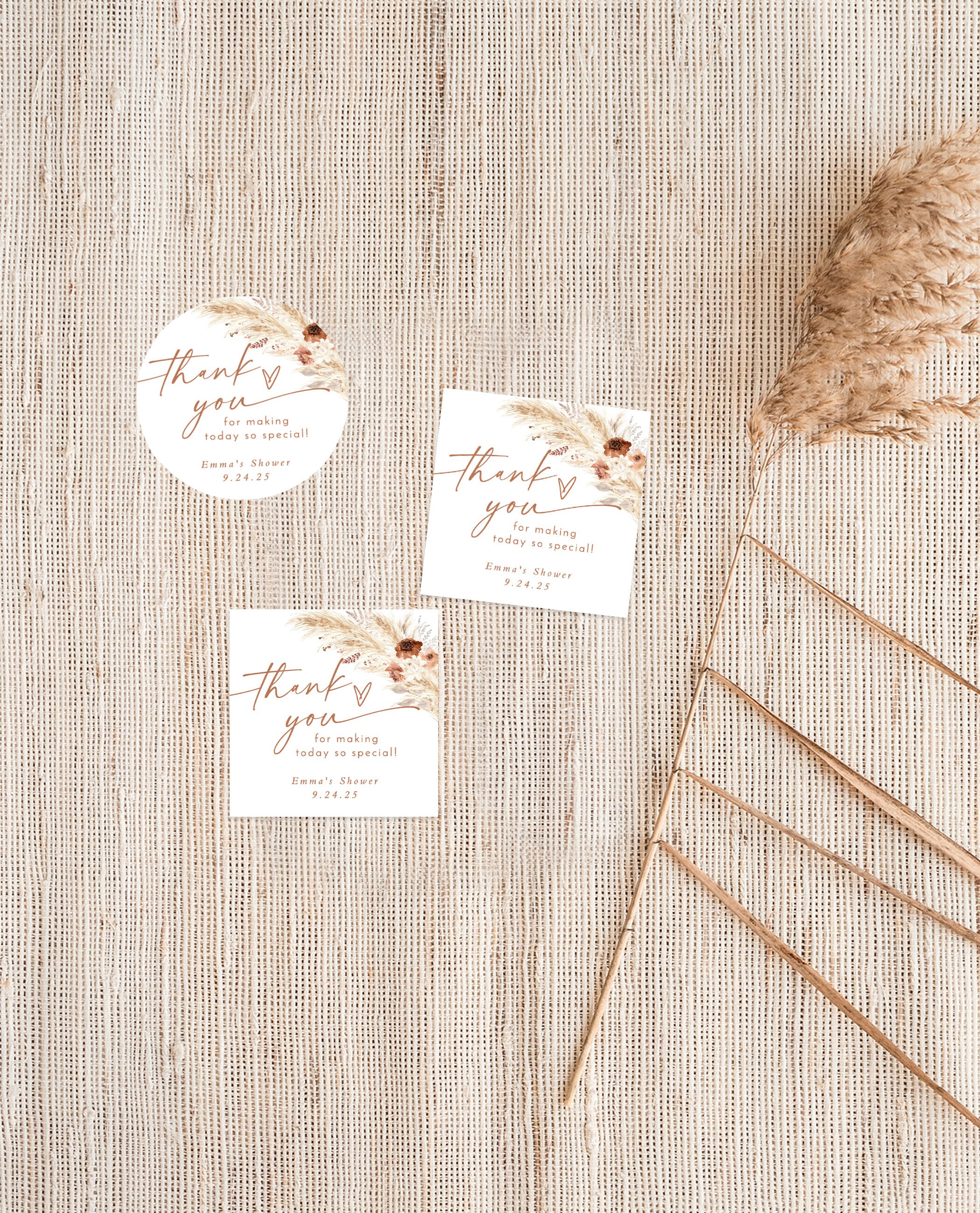 Boho Thank You Tags, Pampas Grass Shower Thank You Favor Tags ...