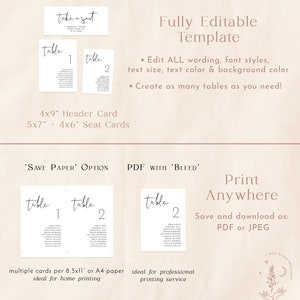 Pu&ograve; includere: Modello di numero di tavolo da matrimonio modificabile con due esempi di carte da tavolo. Il modello include una carta di intestazione che dice "take a seat" e due carte da seduta che dicono "tavolo 1" e "tavolo 2". Il modello &egrave; disponibile in due formati: "save paper" e "PDF with bleed".