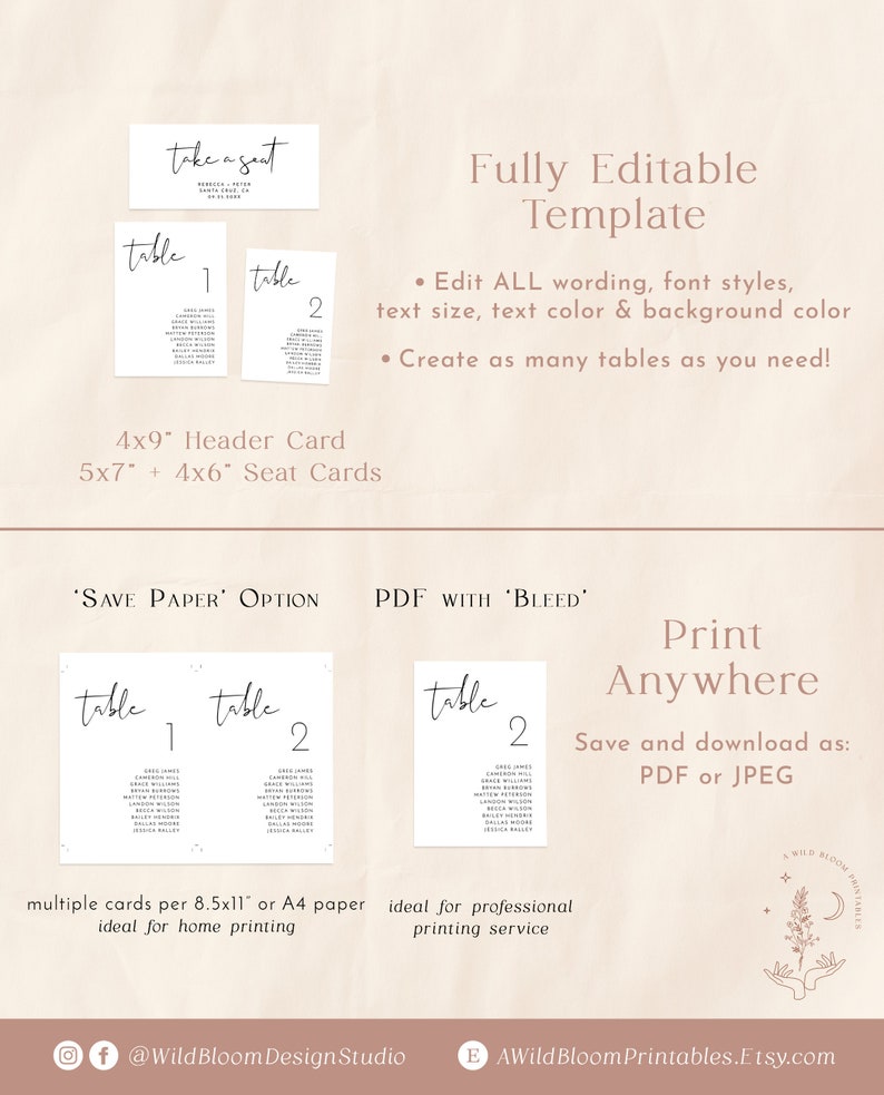 Pu&ograve; includere: Modello di numero di tavolo da matrimonio modificabile con due esempi di carte da tavolo. Il modello include una carta di intestazione che dice "take a seat" e due carte da seduta che dicono "tavolo 1" e "tavolo 2". Il modello &egrave; disponibile in due formati: "save paper" e "PDF with bleed".