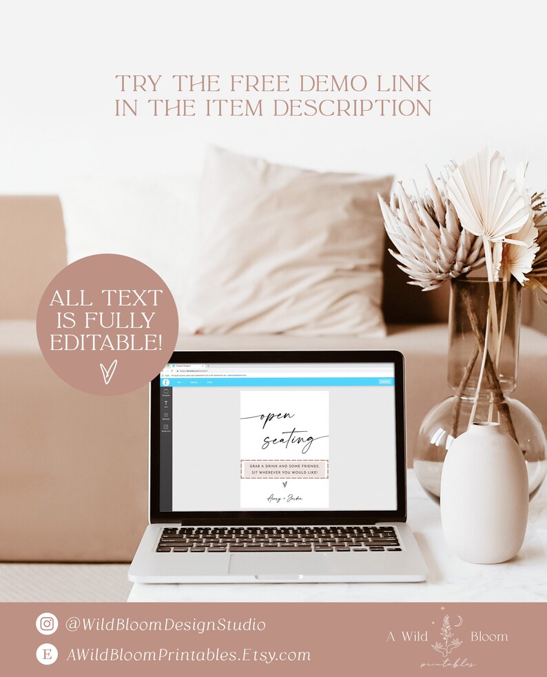May include: A laptop screen displaying a printable sign that says "open seating" with a decorative border. The sign also includes the text "Grab a drink and some friends, sit wherever you would like!" and "Any & Jude".