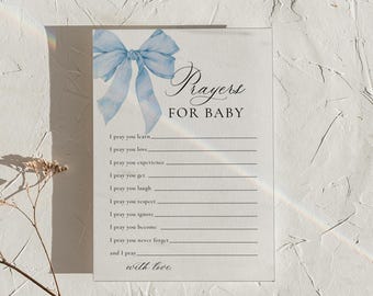 PRINTED + SHIPPED | Prayers for Baby Card Blue Bow Baby Shower Dusty Blue Watercolor Boy Baby Shower Well Wishes Activity Card