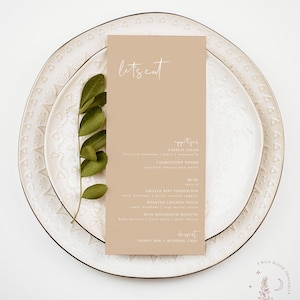 Szablon menu weselnego boho, beżowe menu weselne, pustynne wesele, nowoczesne minimalistyczne menu weselne, menu Let's Eat, edytowalny szablon, BM1