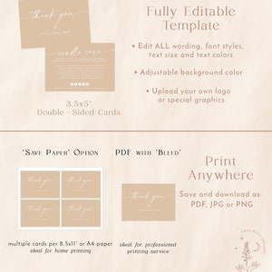 May include: A printable template for thank you cards. The template features a beige background with the text "Thank you" in a handwritten font. The template is fully editable and can be printed on 8.5x11 inch or A4 paper.