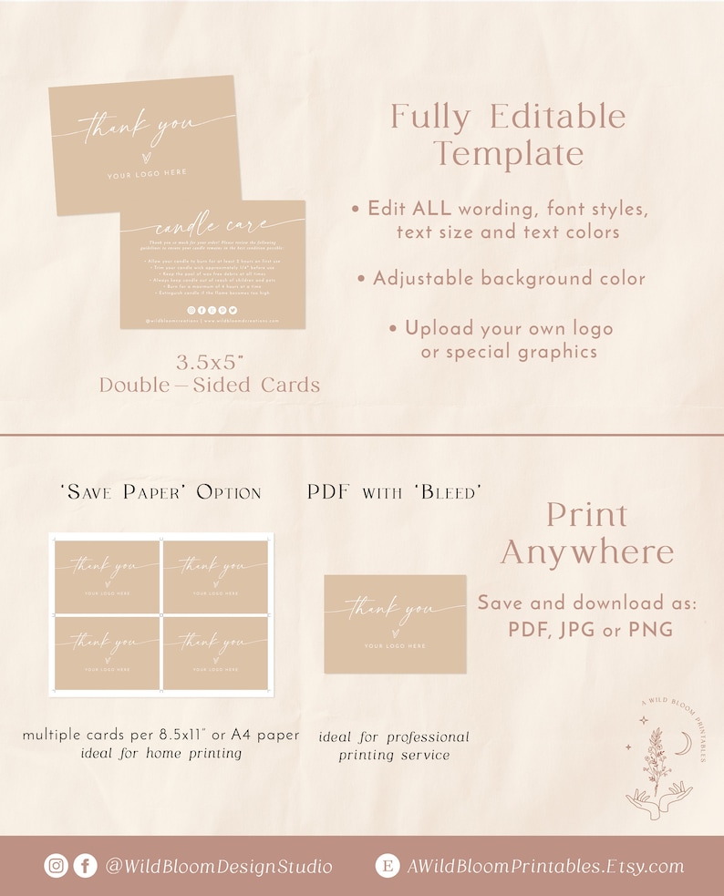 May include: A printable template for thank you cards. The template features a beige background with the text "Thank you" in a handwritten font. The template is fully editable and can be printed on 8.5x11 inch or A4 paper.