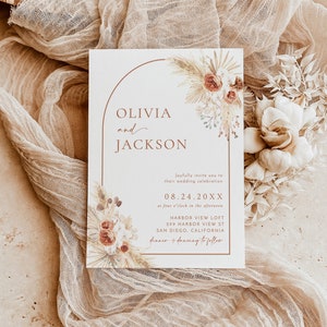 Boho Wedding Invitation Template, Minimalist Wedding Invite, Pampas Grass Invite, Terracotta Wedding Invite, Floral Invite Template, A2