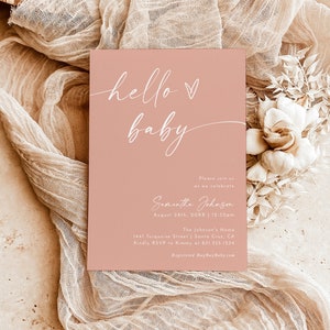 Boho babyshower uitnodiging Tempalte, meisje babyshower uitnodigen, minimalistische babyshower, roze moderne babyshower uitnodigen, bewerkbare sjabloon M9