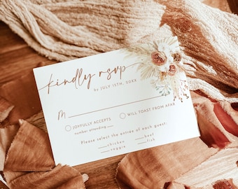 Plantilla de tarjeta RSVP de boda / Inserción de invitación de boda minimalista / Boda de hierba de pampas / Tarjeta de respuesta / Tarjeta de inserción de boda de terracota / A2