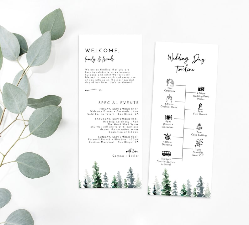 Pode incluir: Um convite de casamento com um fundo de floresta em aquarela. O convite inclui uma mensagem de boas-vindas, uma lista de eventos especiais e um cronograma do dia do casamento. O texto inclui os nomes Gemma e Skyler.