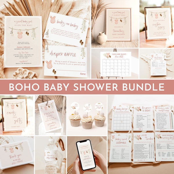 Boho Baby Shower Bundle | Girl Baby Shower Bundle | Pink Girl Baby Shower | Clothes Baby Shower | Baby Shower Bundle | Editable Template, C2