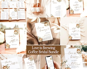 May include: A selection of wedding stationery with a coffee theme, including invitation cards, menus, and signs. The text "Love is Brewing Coffee Bridal Bundle" is visible. Champagne bottles are also present.