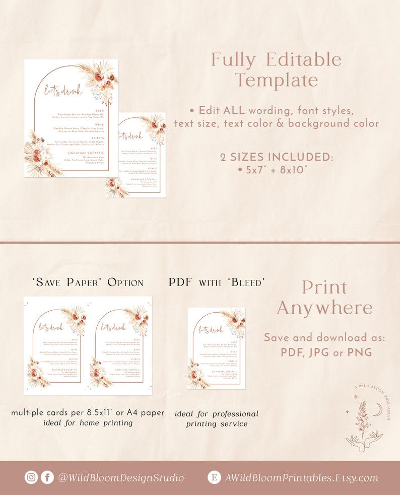 Bohemian Drink Menu Template Pampas Grass Cocktail Menu | Etsy