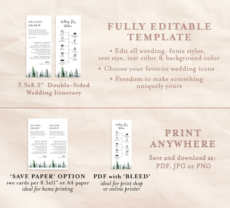 Pode incluir: Modelo de itiner&aacute;rio de casamento edit&aacute;vel com um tema de floresta. O modelo mede 3,5 polegadas por 8,5 polegadas e &eacute; de dupla face. Inclui uma se&ccedil;&atilde;o de boas-vindas, eventos especiais e uma linha do tempo do dia do casamento. O modelo est&aacute; dispon&iacute;vel em formato PDF com sangramento para impress&atilde;o profissional.