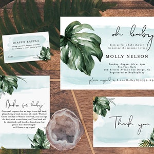 Tropical Baby Shower Invitation | Minimalist Boy Baby Shower Invite | Monstera Invitation | Boy Baby Shower Invite | Editable Template WB-01