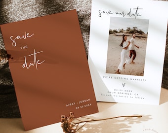Modello per Save the Date con foto in terracotta, modello per Save the Date minimalista, Save the Date arancione bruciato, Save the Date per matrimonio nel deserto, T2
