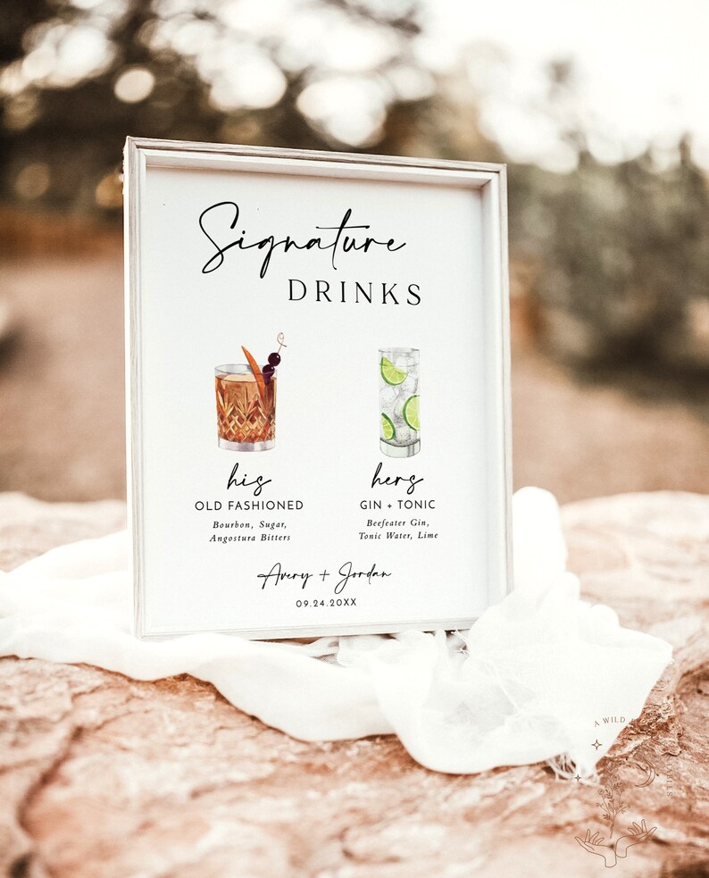 Signature Drinks Sign Template Signature Cocktail Sign Minimalist Wedding Bar Menu Sign His and Hers Bar Sign Editable Template M5 image 5