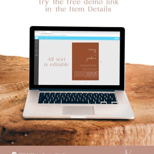 May include: A laptop screen displaying a wedding invitation template with the text "avery + jordan" in a brown rectangle. The text "All text is editable" is visible on the screen. The laptop is on a wooden surface.