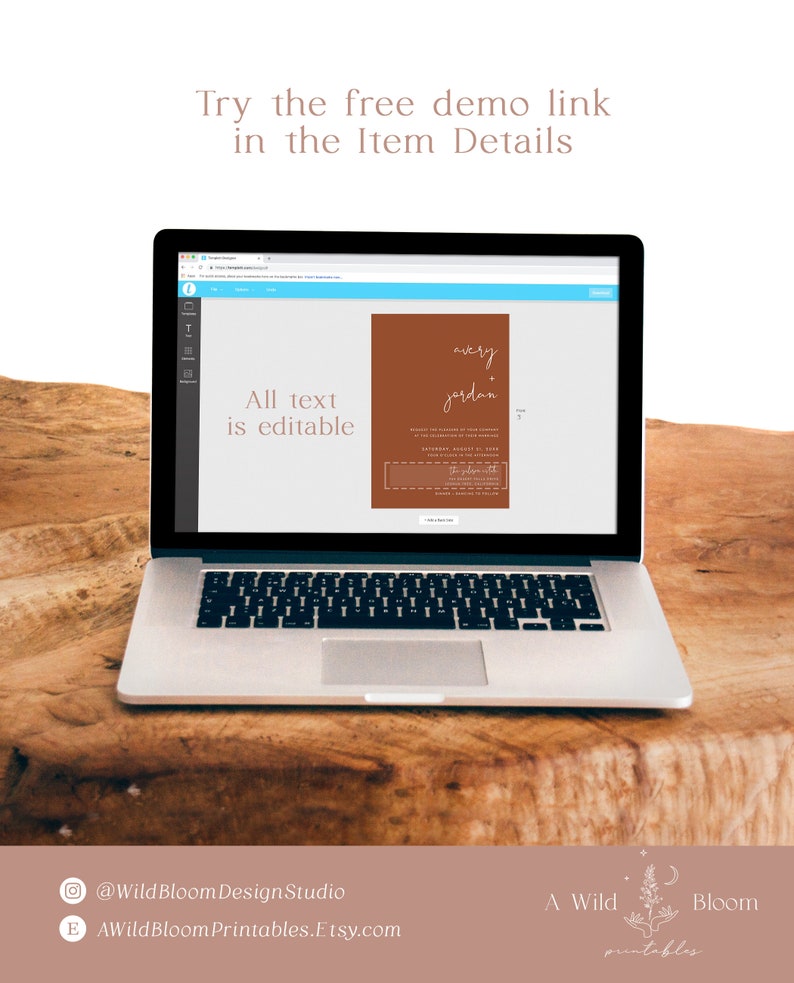 May include: A laptop screen displaying a wedding invitation template with the text "avery + jordan" in a brown rectangle. The text "All text is editable" is visible on the screen. The laptop is on a wooden surface.