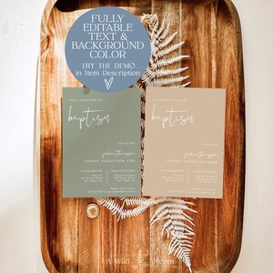 May include: Two baptism invitations with a green and beige background. The invitations feature the text "Please join us for the baptism of our son Jordan Thompson" and the date "Sunday, August 28th, 20XX".