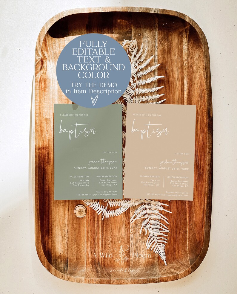 May include: Two baptism invitations with a green and beige background. The invitations feature the text "Please join us for the baptism of our son Jordan Thompson" and the date "Sunday, August 28th, 20XX".