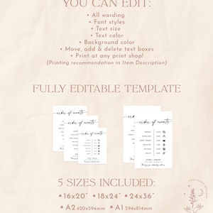 May include: A printable wedding order of events template with a minimalist design. The template is fully editable and comes in five sizes: 16x20 inches, 18x24 inches, 24x36 inches, A2 (420x594 mm), and A1 (594x814 mm).