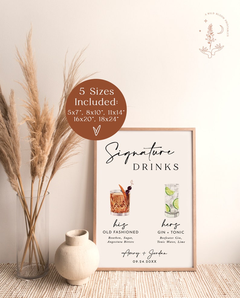 Signature Drinks Sign Template Signature Cocktail Sign Minimalist Wedding Bar Menu Sign His and Hers Bar Sign Editable Template M5 image 6