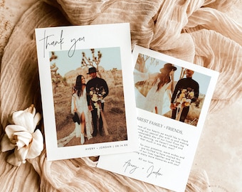 May include: Thank you card with a photo of a couple in a desert setting. The card has a simple design with black text on a white background. The text reads "Thank you" and "Avery + Jordan 08.14.XX". The card also includes a message from the couple thanking their guests for attending their wedding.