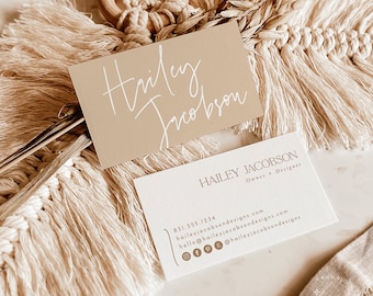 Tarjeta de presentación pequeña beige, plantilla boutique, diseño moderno y minimalista, tarjetas bohemias, descarga instantánea, plantilla editable