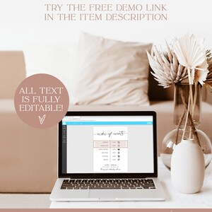 May include: A laptop screen displays a printable wedding order of events template with a light brown background and black text. The text on the screen reads "order of events". The template includes icons for the ceremony, cocktail hour, dinner, and dancing. The laptop is sitting on a table with a white pillow and a vase of dried flowers.