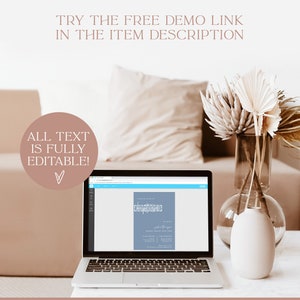 May include: A laptop computer screen displaying a blue and white wedding invitation template with the text "Save the Date" in a white box. The text "All text is fully editable!" is displayed on the image with a pink heart.