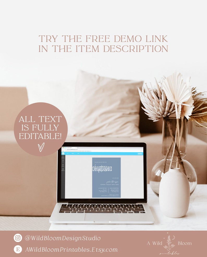 May include: A laptop computer screen displaying a blue and white wedding invitation template with the text "Save the Date" in a white box. The text "All text is fully editable!" is displayed on the image with a pink heart.