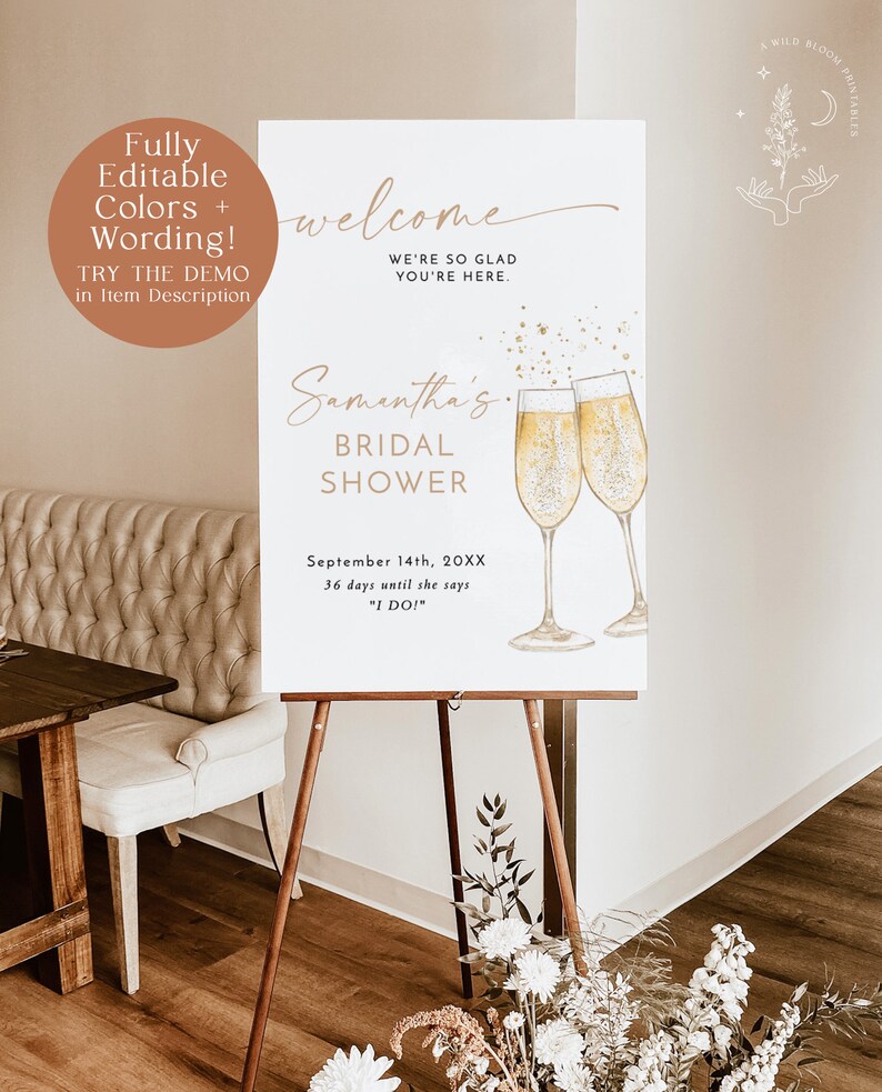 Bridal Shower Welcome Sign Template, Boho Brunch Poster, Brunch and Bubbly, Instant Download, Editable Template, B2 image 2
