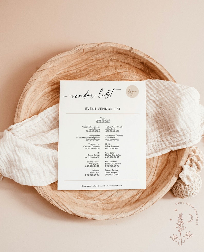 Wedding Vendor List Template Wedding Day Details Event Vendor List Wedding Day Contact List Minimalist Wedding Template M9 image 1